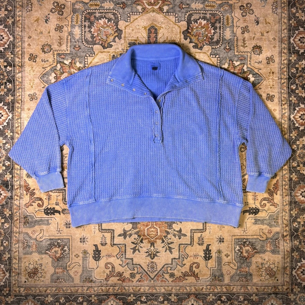 American Eagle Waffle Knit Henley Sweatshirt Wash Blue XL Oversized Pull Over